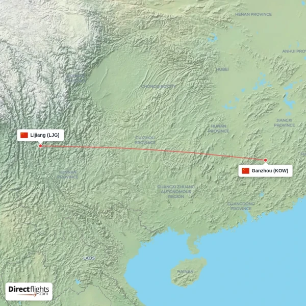 Ganzhou - Lijiang direct flight map