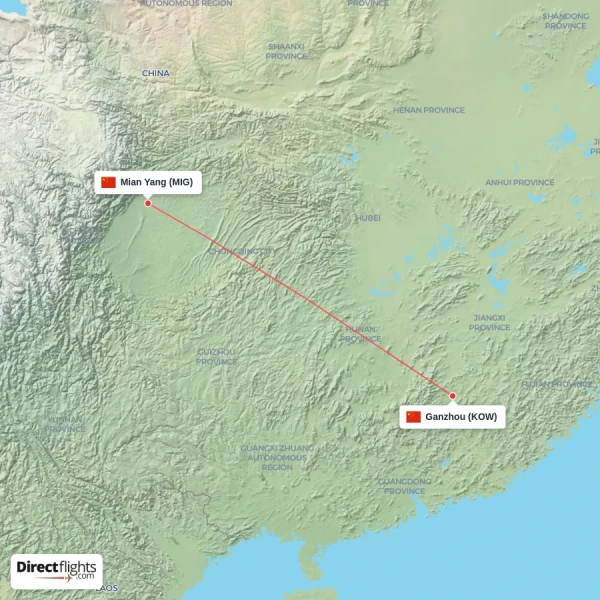 Ganzhou - Mian Yang direct flight map