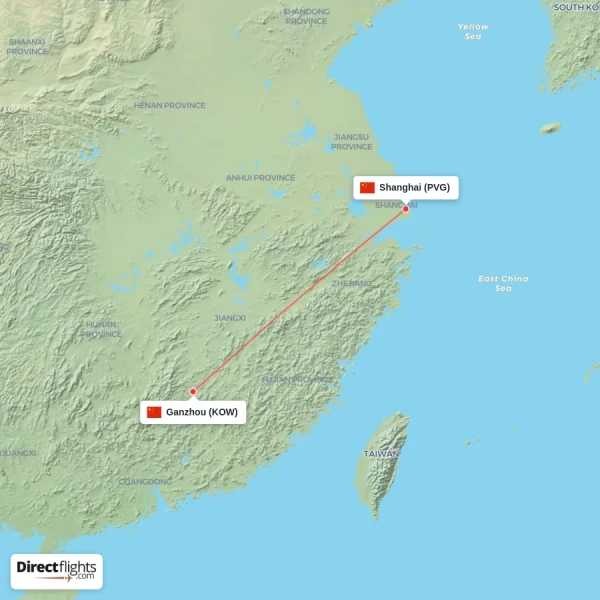 Ganzhou - Shanghai direct flight map