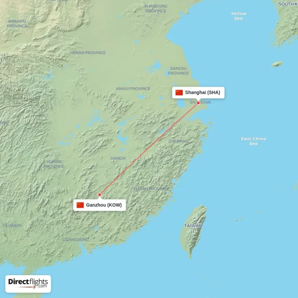 Ganzhou - Shanghai direct flight map