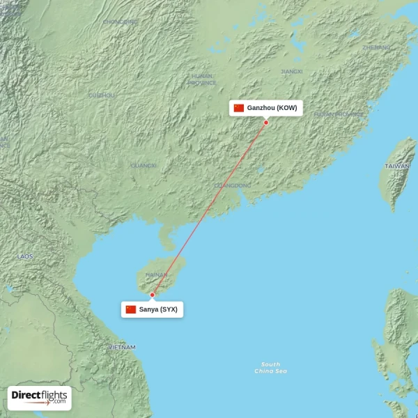 Ganzhou - Sanya direct flight map