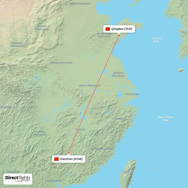 Ganzhou - Qingdao direct flight map