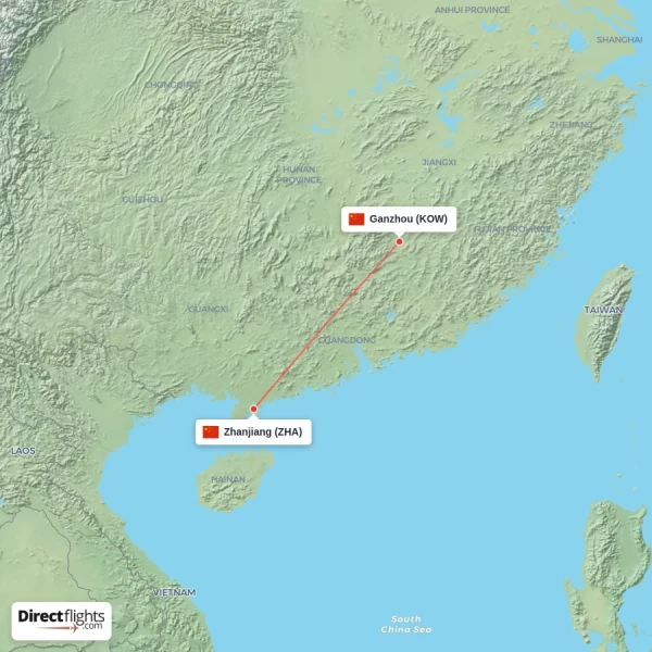 Ganzhou - Zhanjiang direct flight map