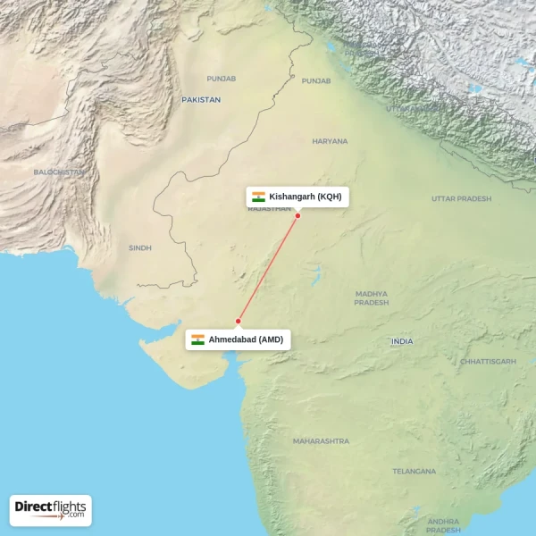 Kishangarh - Ahmedabad direct flight map