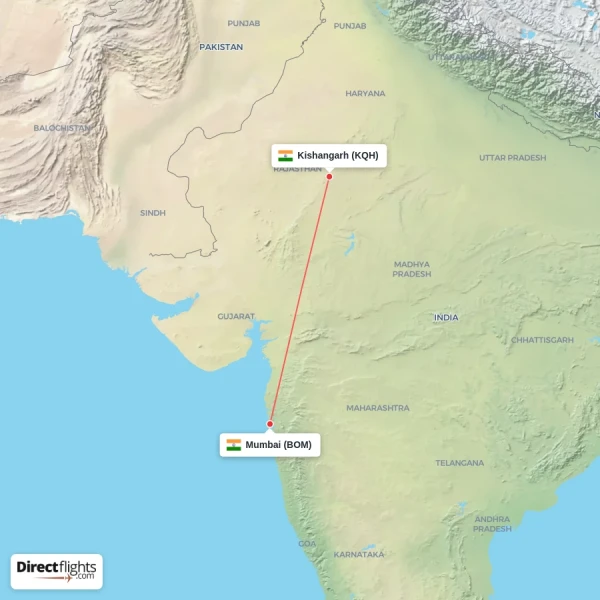Kishangarh - Mumbai direct flight map