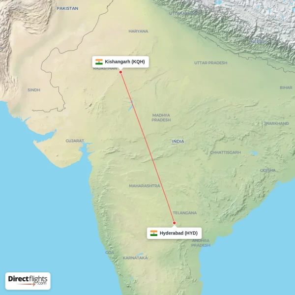 Kishangarh - Hyderabad direct flight map