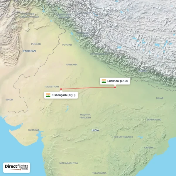 Kishangarh - Lucknow direct flight map
