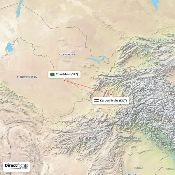 Kurgon-Tyube - Chardzhev direct flight map
