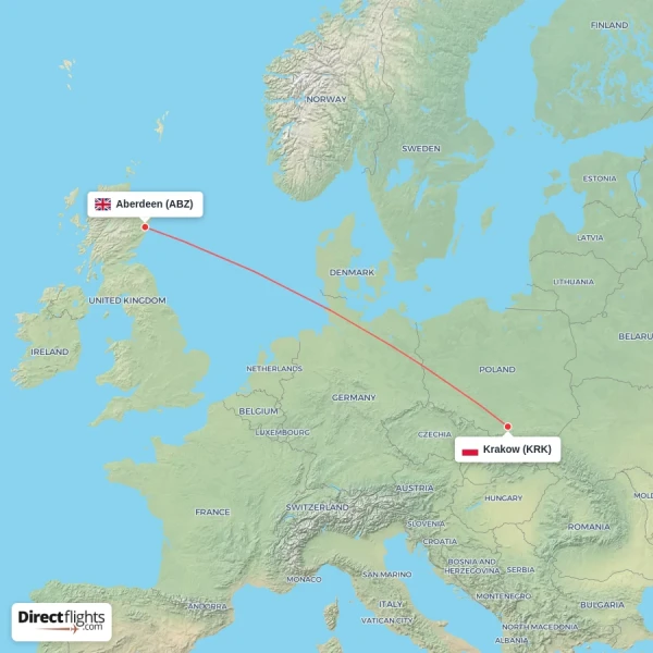 Krakow - Aberdeen direct flight map