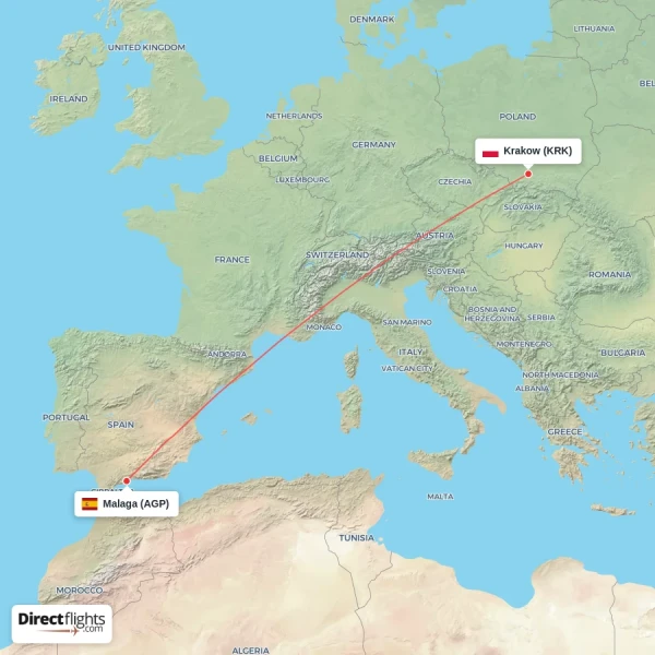 Krakow - Malaga direct flight map