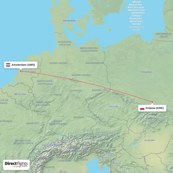 Krakow - Amsterdam direct flight map