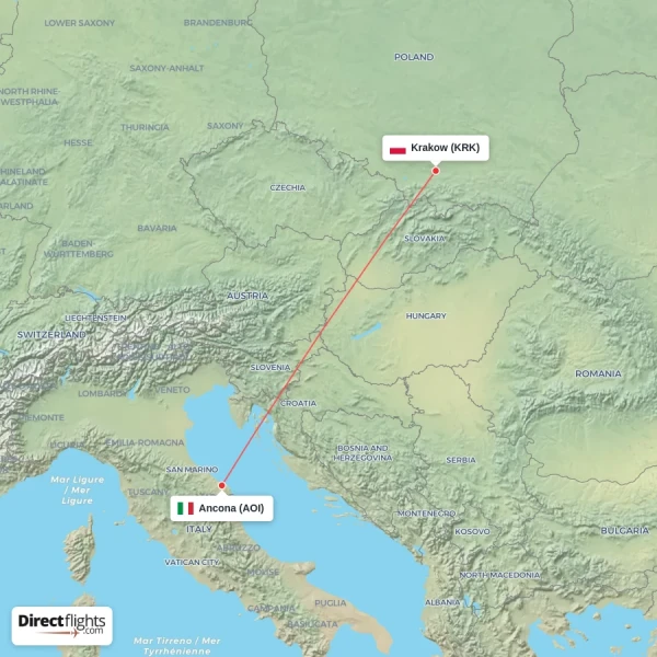 Krakow - Ancona direct flight map