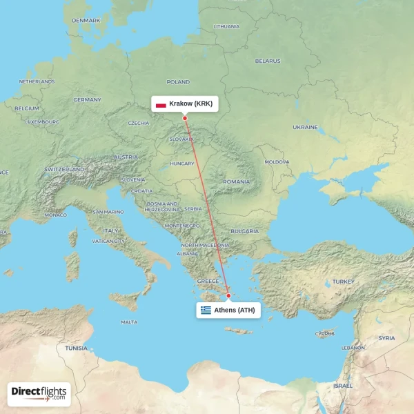 Krakow - Athens direct flight map