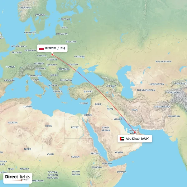 Krakow - Abu Dhabi direct flight map