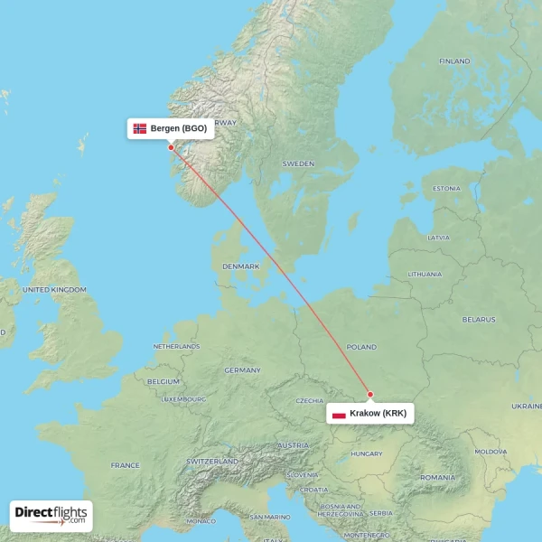 Krakow - Bergen direct flight map