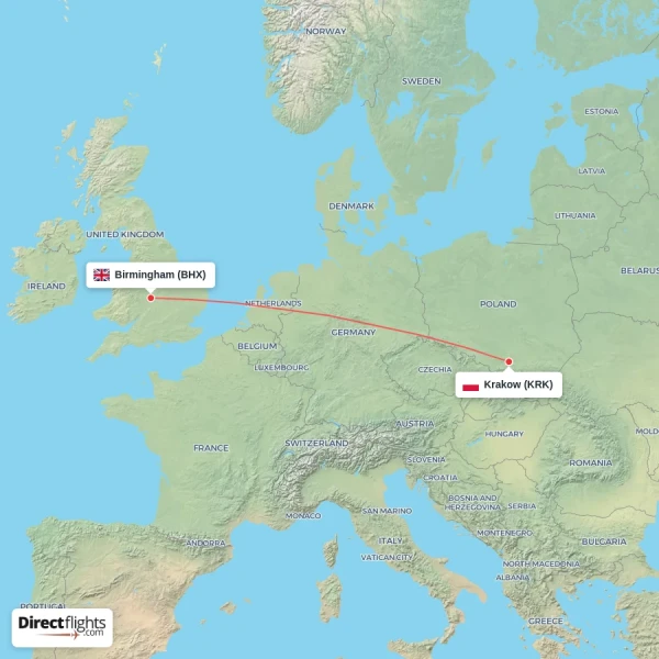 Krakow - Birmingham direct flight map