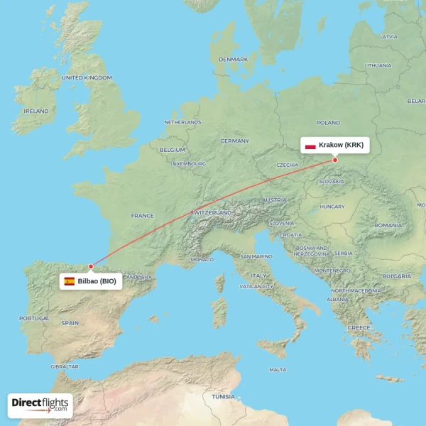 Krakow - Bilbao direct flight map