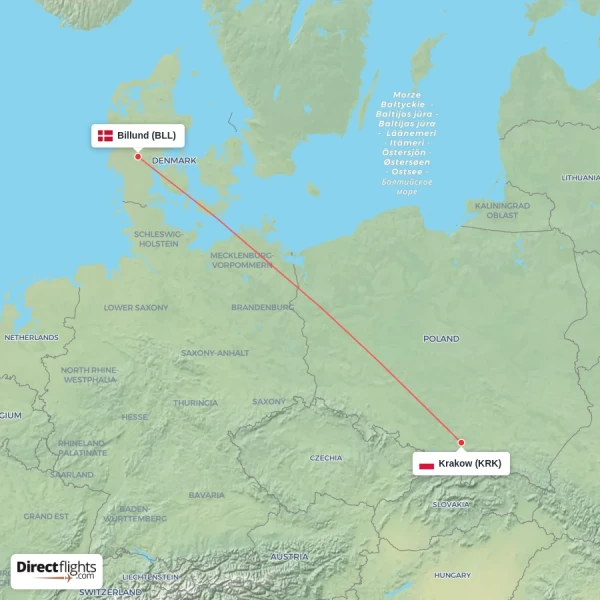 Krakow - Billund direct flight map