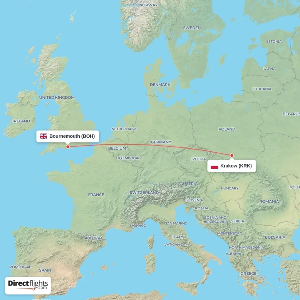 Krakow - Bournemouth direct flight map