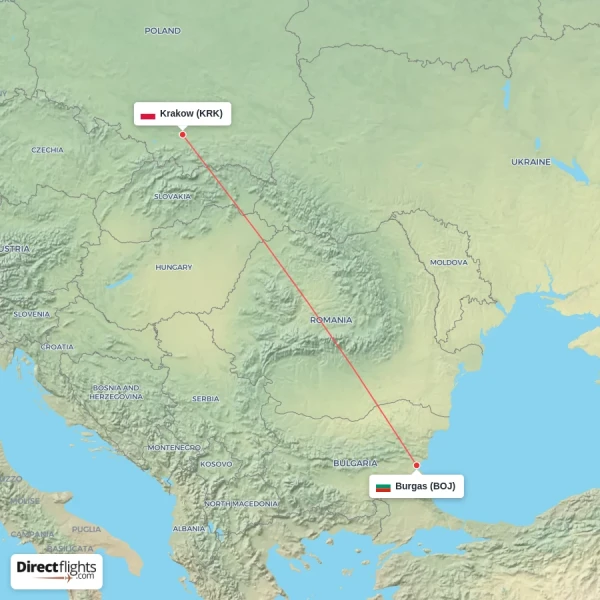 Krakow - Burgas direct flight map