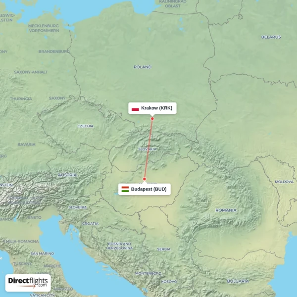 Krakow - Budapest direct flight map