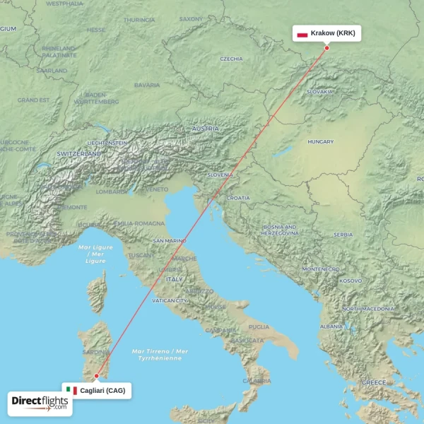 Krakow - Cagliari direct flight map