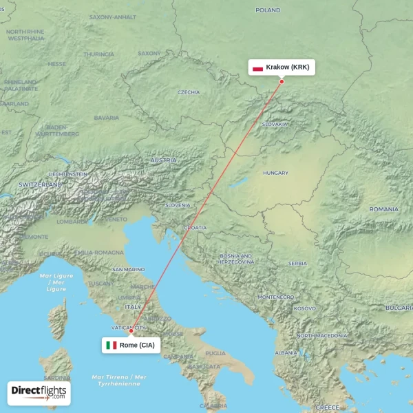 Krakow - Rome direct flight map