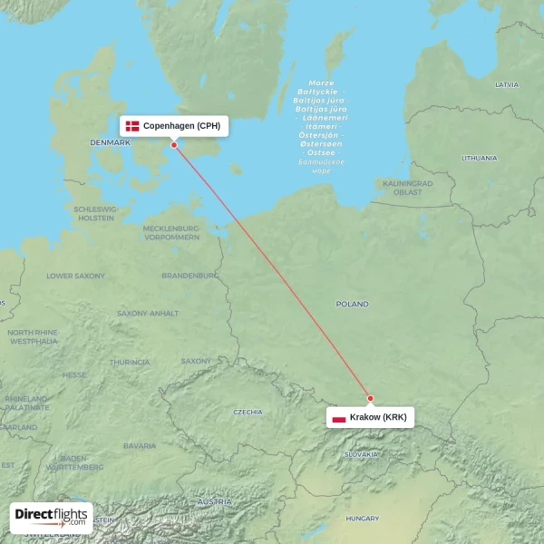 Krakow - Copenhagen direct flight map