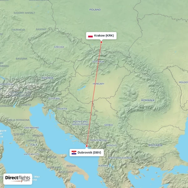Krakow - Dubrovnik direct flight map