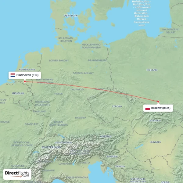 Krakow - Eindhoven direct flight map