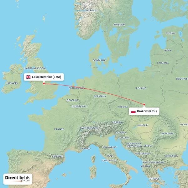 Krakow - Leicestershire direct flight map