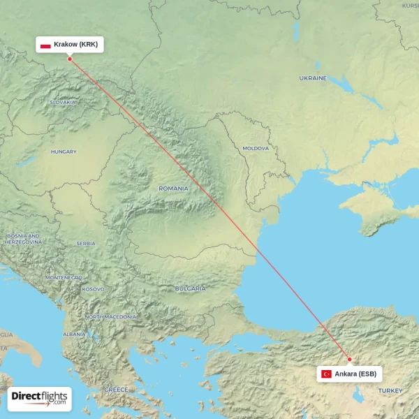 Krakow - Ankara direct flight map