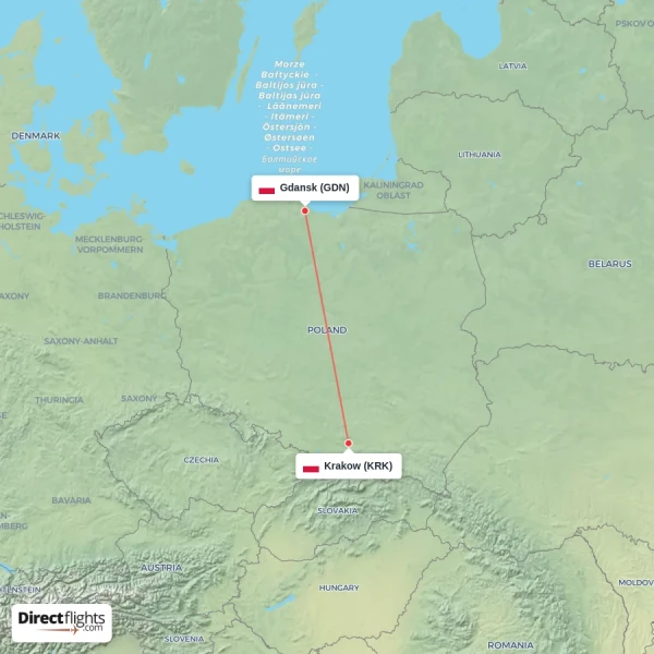 Krakow - Gdansk direct flight map