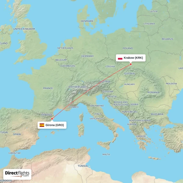 Krakow - Girona direct flight map