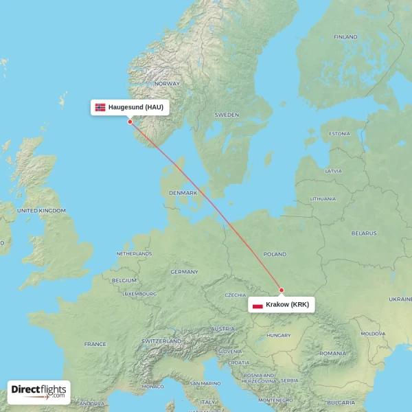 Krakow - Haugesund direct flight map