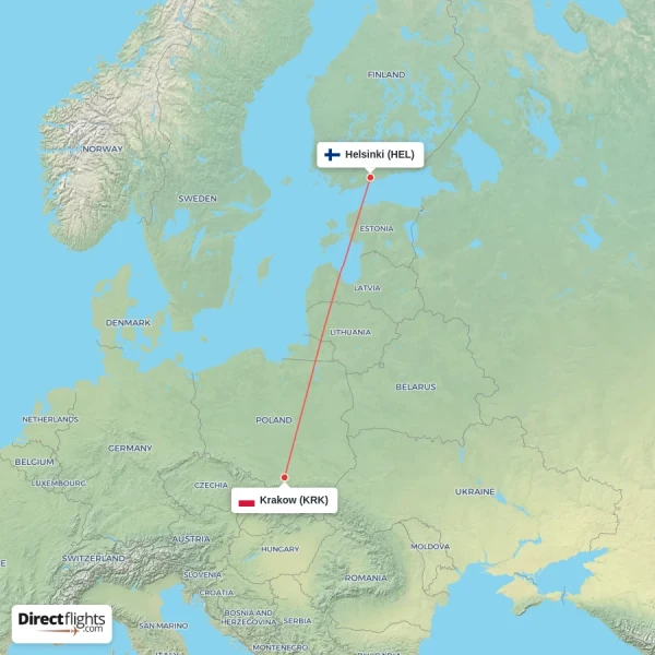 Krakow - Helsinki direct flight map