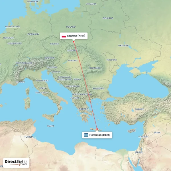 Krakow - Heraklion direct flight map