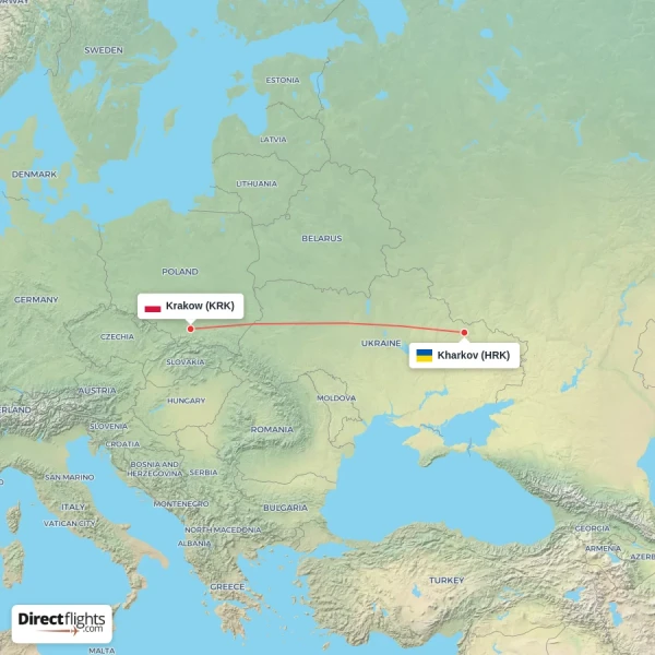 Krakow - Kharkov direct flight map