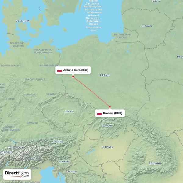 Krakow - Zielona Gora direct flight map
