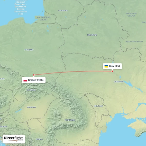 Krakow - Kiev direct flight map
