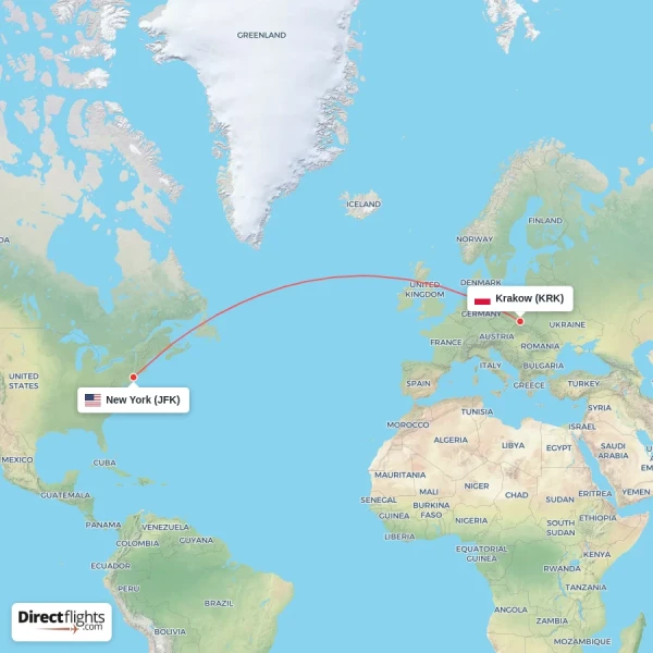 Krakow - New York direct flight map