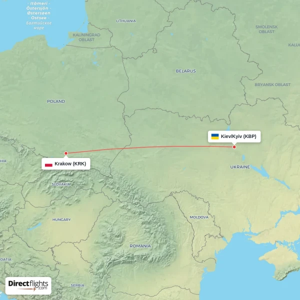 Krakow - Kiev/Kyiv direct flight map