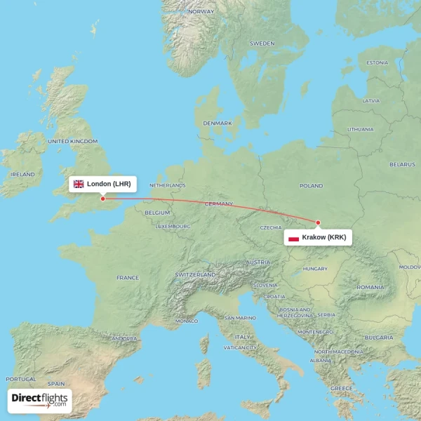 Krakow - London direct flight map