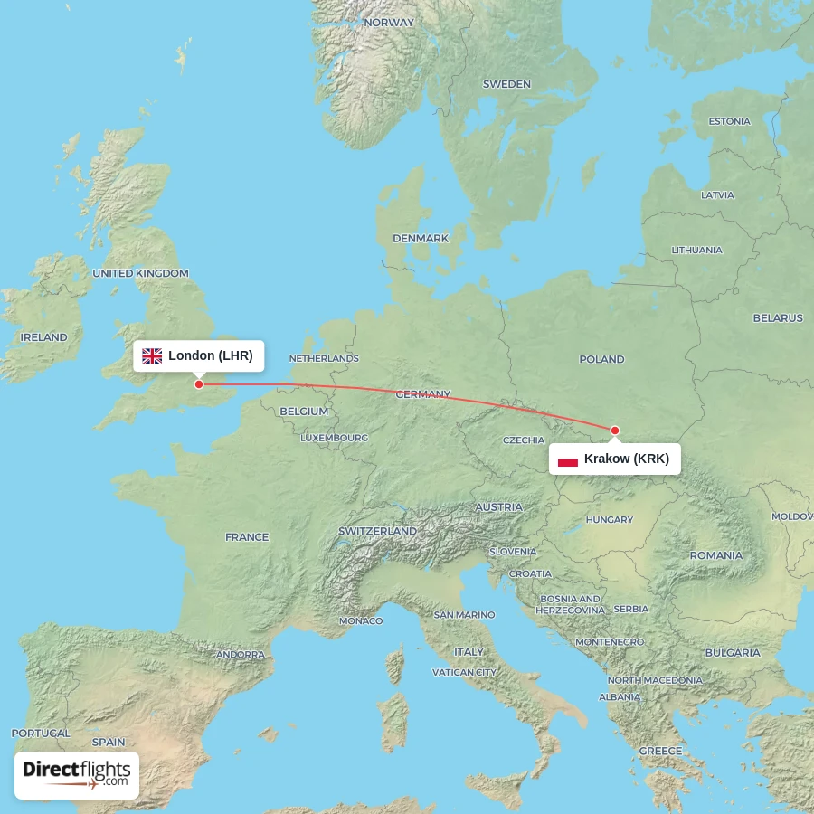KRK - LHR route map