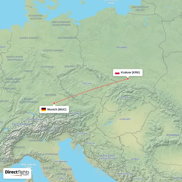 Krakow - Munich direct flight map