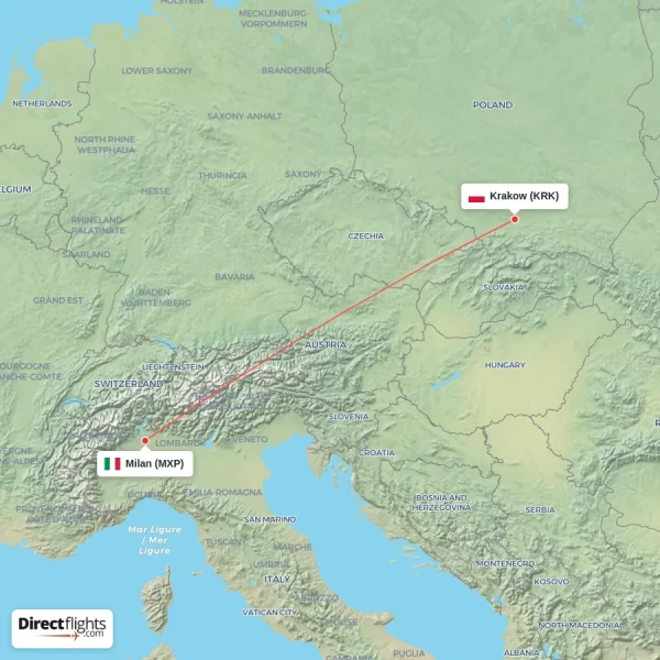 Krakow - Milan direct flight map
