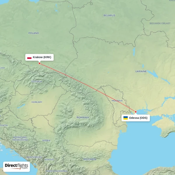 Krakow - Odessa direct flight map