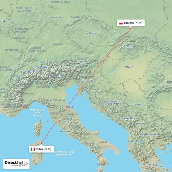 Krakow - Olbia direct flight map