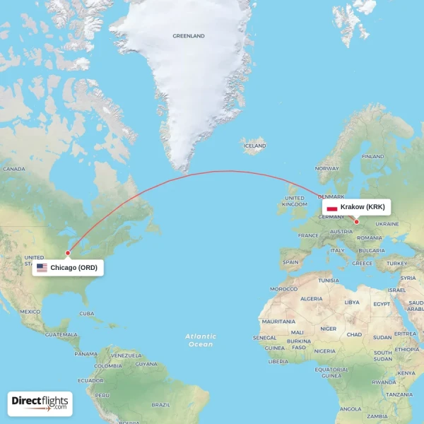 Krakow - Chicago direct flight map