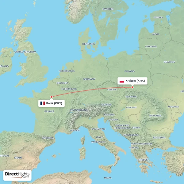 Krakow - Paris direct flight map